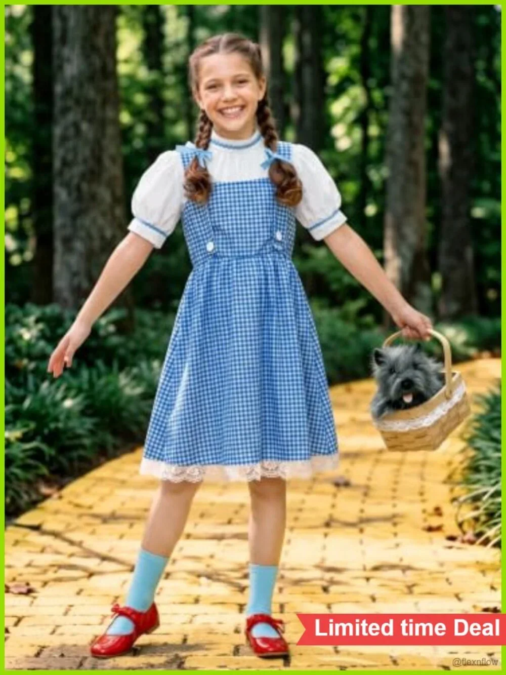 Girls Blue Gingham Storybook Costume Set Dress Socks Bows Basket Book Week